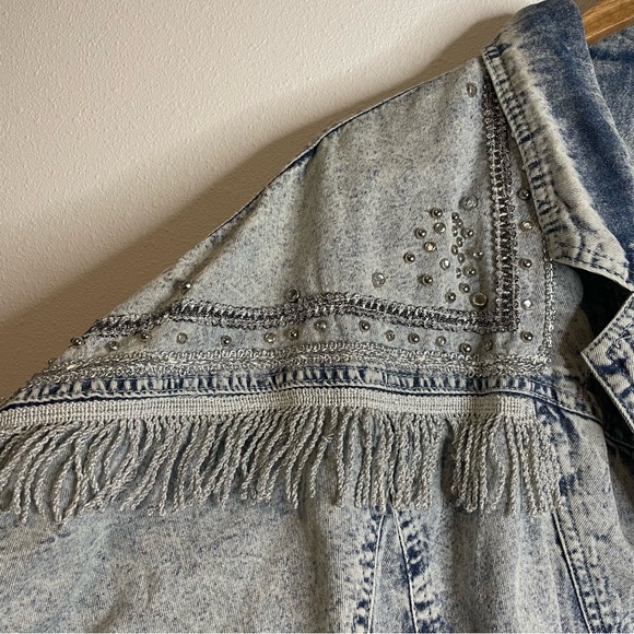 Y2K McBling Cowgirl Rhinestone Fringe 80s Western Studded Denim Jacket sz M L - Picture 3 of 9